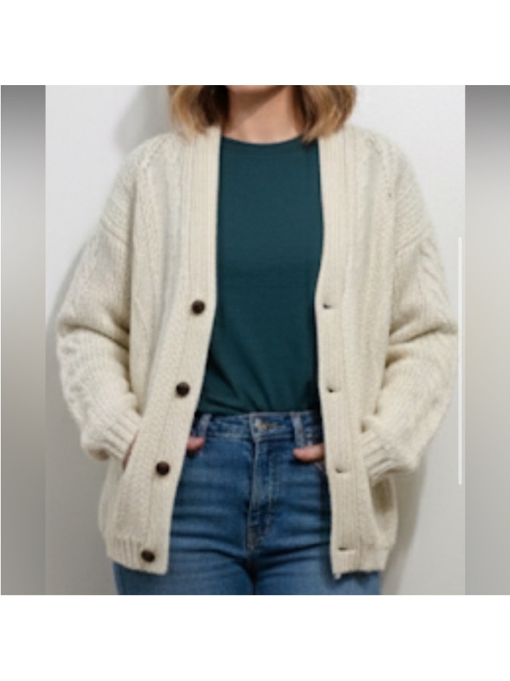Vintage Eatons Wool Cardigan Cable Knit Sweater Cream Size Large Unisex